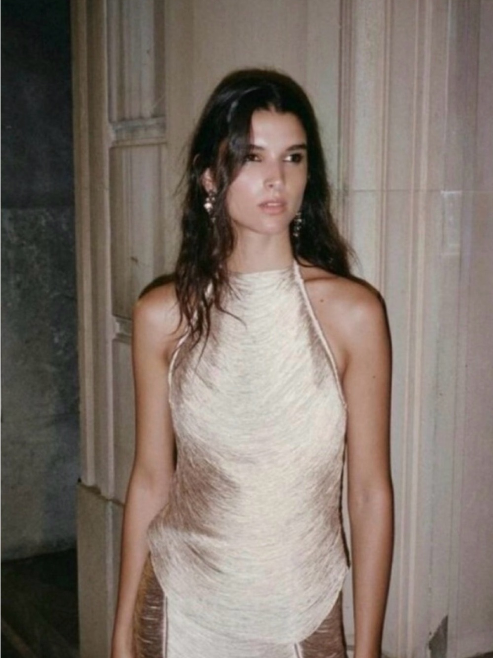 NWT Zara One-Shoulder Shimmery Cream Halter Dress Size Small